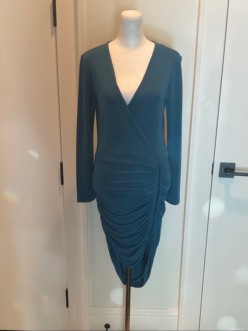 BCBGMaxAzria Teal Long-Sleeve Ruched Wrap Dress